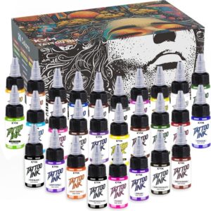 KVM 28 Assorted Tattoo Ink, 0.5 oz (15 ml). Rich in Color and Easy to Apply, This Ink is Designed for Indoor Tattoo Studios and Beginners, and is Known for its Smooth Flow