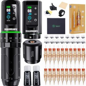 Dragonhawk L3 Tattoo Kit, Cordless/Cord Complete Tattoo Gun Kit Pen Machine, 7 Strokes Length, 2 Batteries 2,000mAh Power Supply with Extra Battery Rca Jack Part, Pro Tattoo Needles for Beginner
